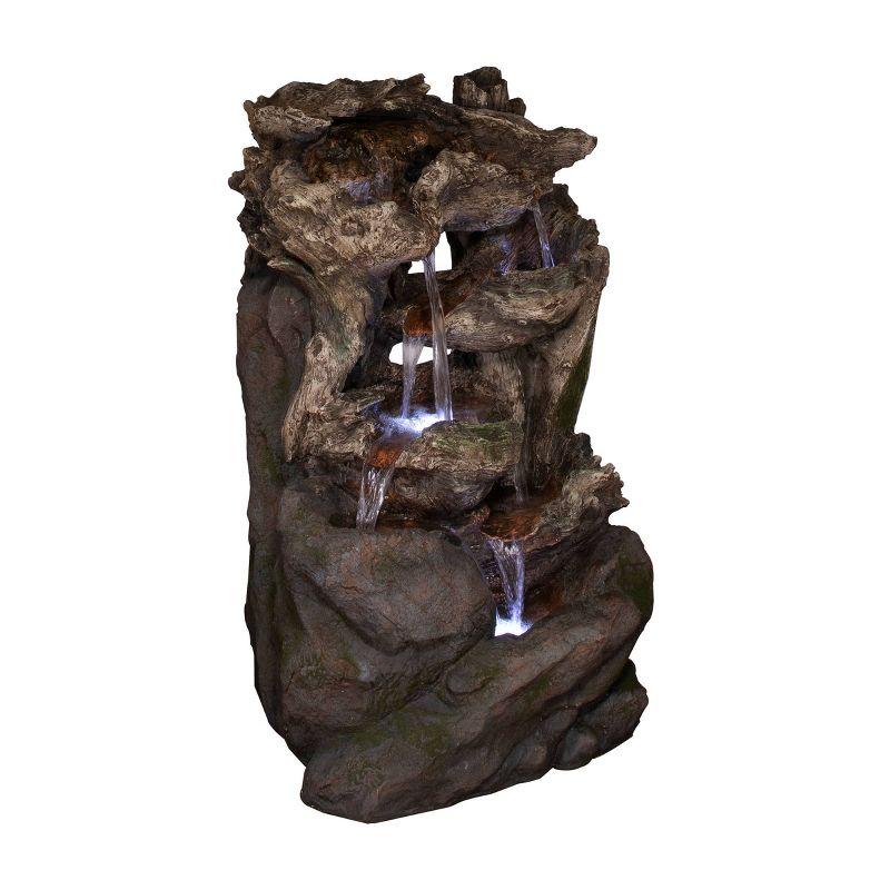 Alpine Corporation 40" 6 Tiered Resin Rainforest Waterfall Fountain With LED Lights -Brown: Weather-Resistant, Electric Powered