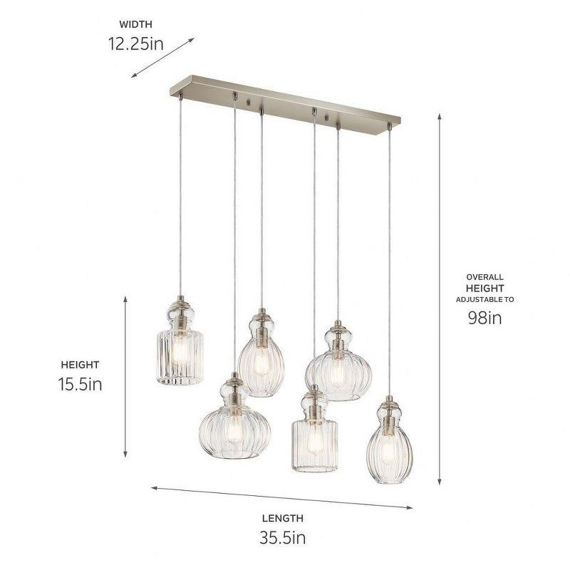 Riviera 35.5" 6 Light Linear Chandelier with Clear Ribbed Glass in Brushed Nickel