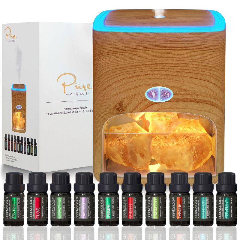 Pure Daily Care Himalayan Aromatherapy Pink Salt Diffuser & 10 Essential Oils (Light Wood)