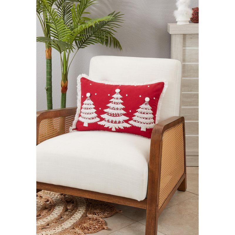 Saro Lifestyle Joyful Jingle Fringed Christmas Trees Throw Pillow Cover, 14"x20", Red