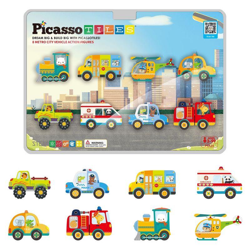 Picasso-TILES 8 PC Metro City Vehicle Themed, Magnetic Tiles, Building Blocks, STEM Toys for Kids 3+