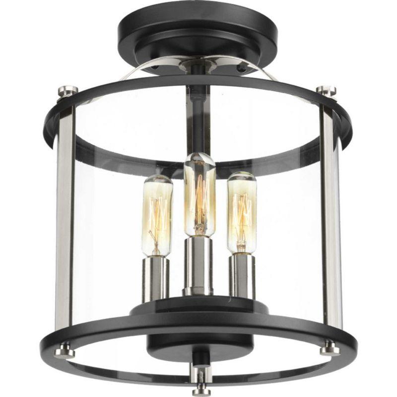 Progress Lighting, Squire Collection, 3-Light Semi-Flush Lantern, Black Finish, Clear Glass Shade