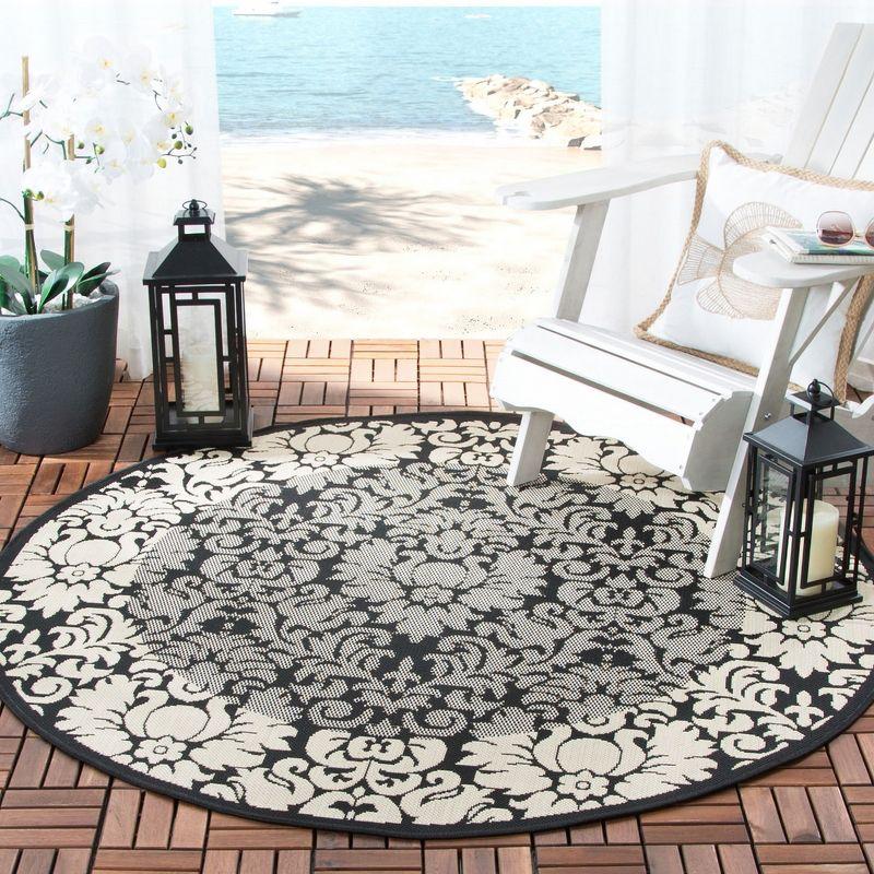 Round Black and Sand Damask Outdoor Rug