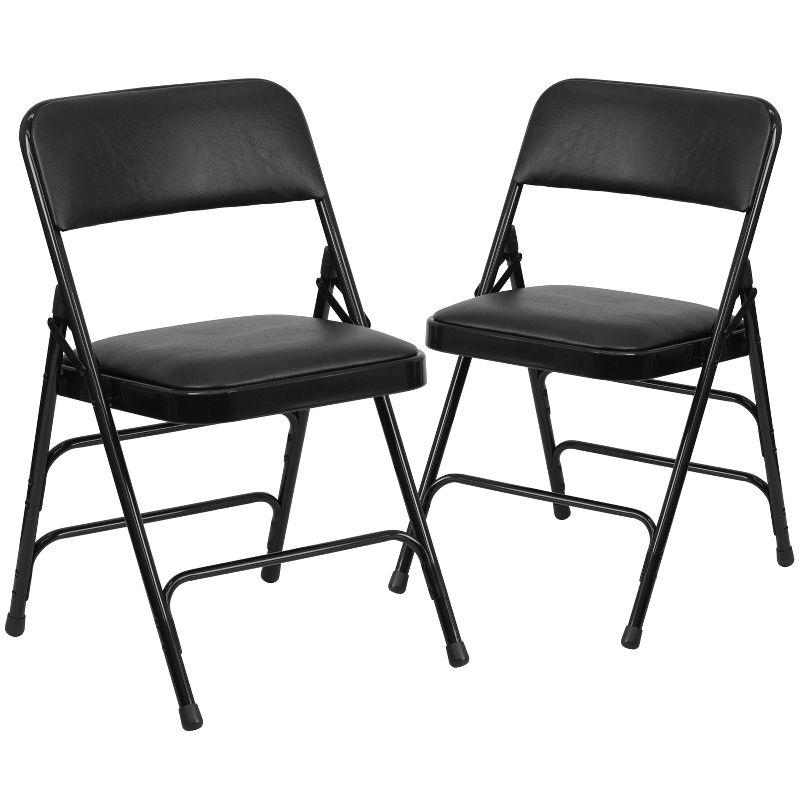 Black Metal Folding Chairs with Padded Vinyl Seats, Set of 2