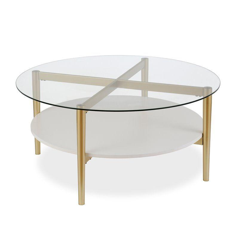 Mid-Century Brass and White Lacquer Round Coffee Table with Glass Top