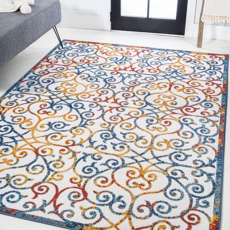 3'x5' Atrani Scroll Trellis Indoor/Outdoor Area Rug, Cream/Blue/Red - JONATHAN Y