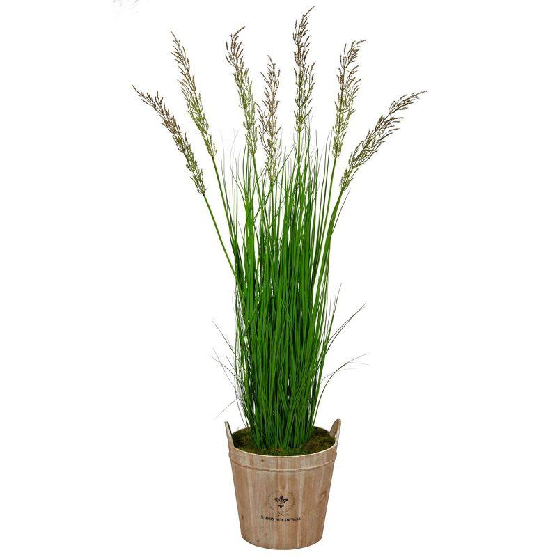 Tall Green Artificial Wheat Grass in Rustic Wooden Planter