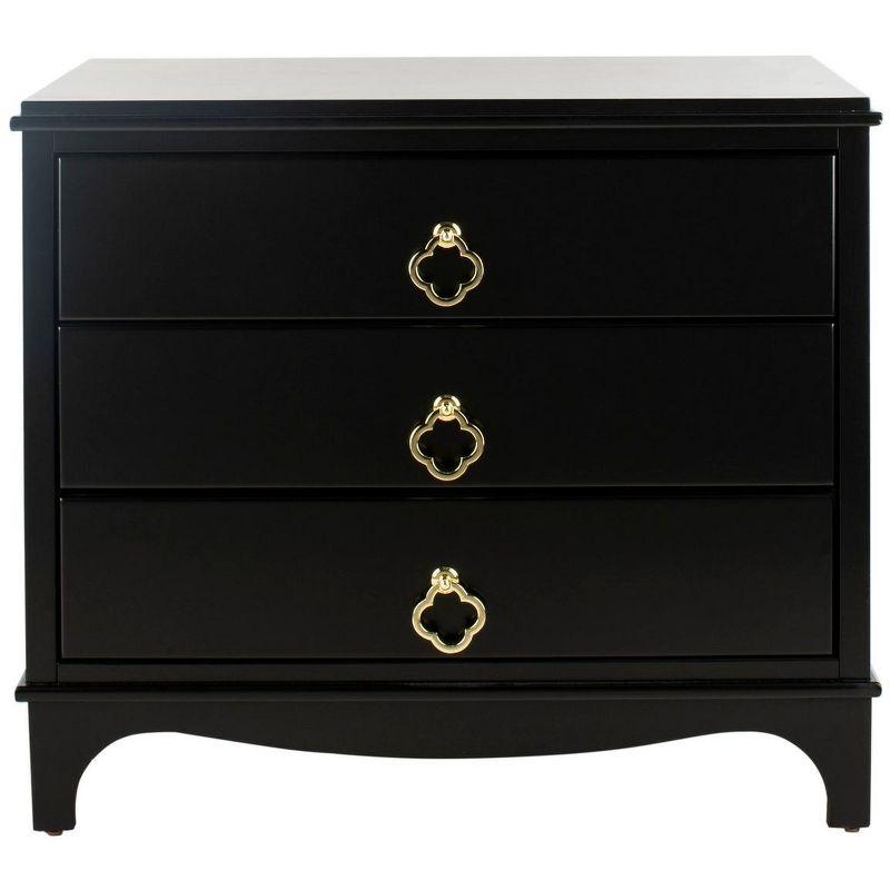 Transitional Black and Gold 3-Drawer Nightstand with Brass Quatrefoil Pulls