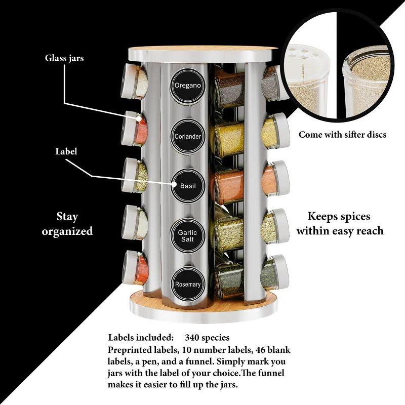 New England Stories Revolving Spice Rack Set with 20 Spice Jars - Kitchen Spice Tower Organizer for Countertop or Cabinet, Includes 386 Spice Labels, Rotating Desktop Seasoning Organizer