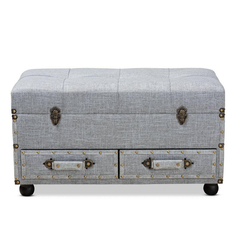 Grey Linen 32" Tufted Storage Ottoman with Antique Brass Accents