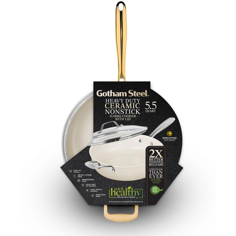 Gotham Steel Cream Ultra Nonstick Ceramic 5.5 Qt Jumbo Cooker Pan with Lid and Gold Handles