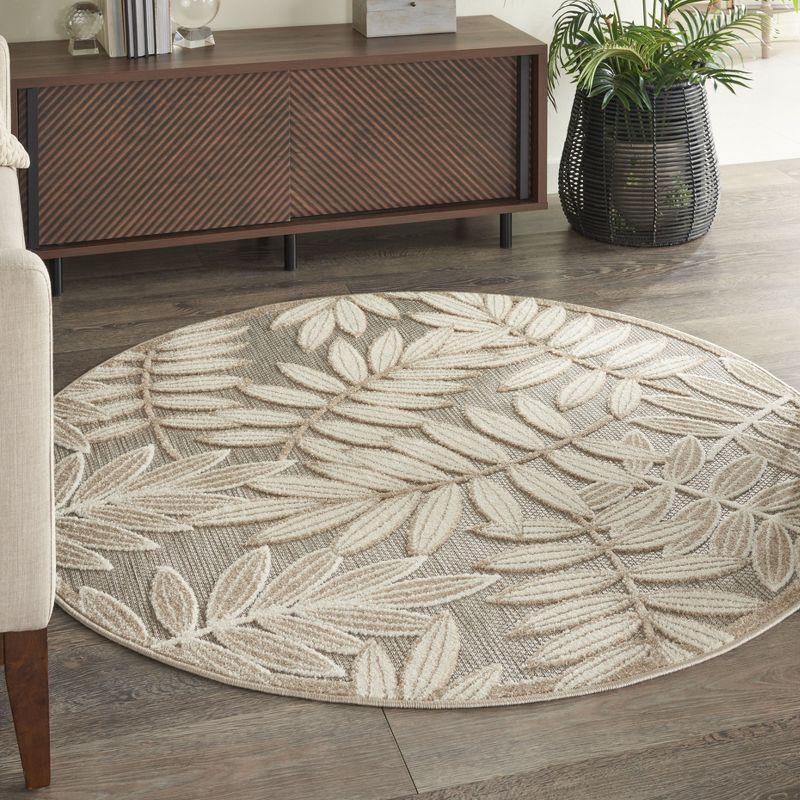 Nourison Aloha Floral Leaf Flatweave High-Low Indoor Outdoor Round Rug Natural 5'3" x 5'3"