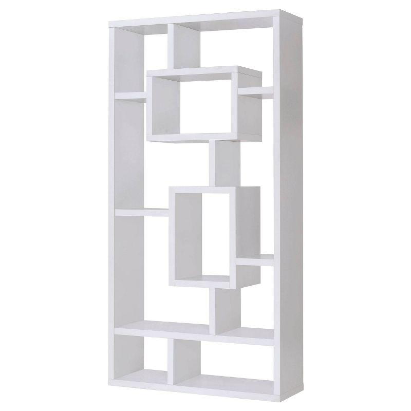 Contemporary White Wood Ladder Bookcase with 10 Varied Shelves