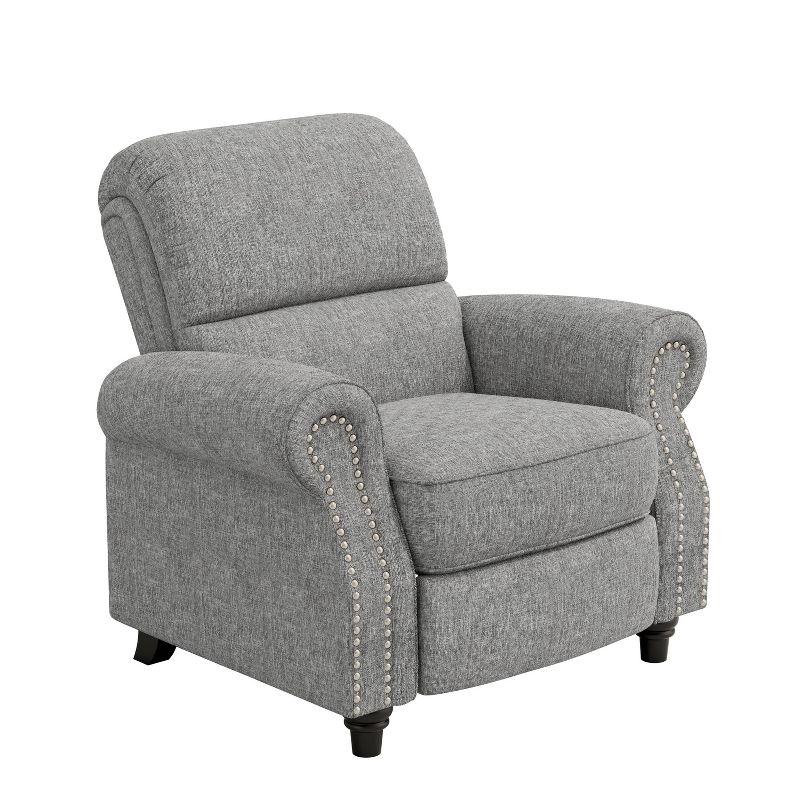 Gray Chenille Bustle-Back Recliner with Nailhead Trim