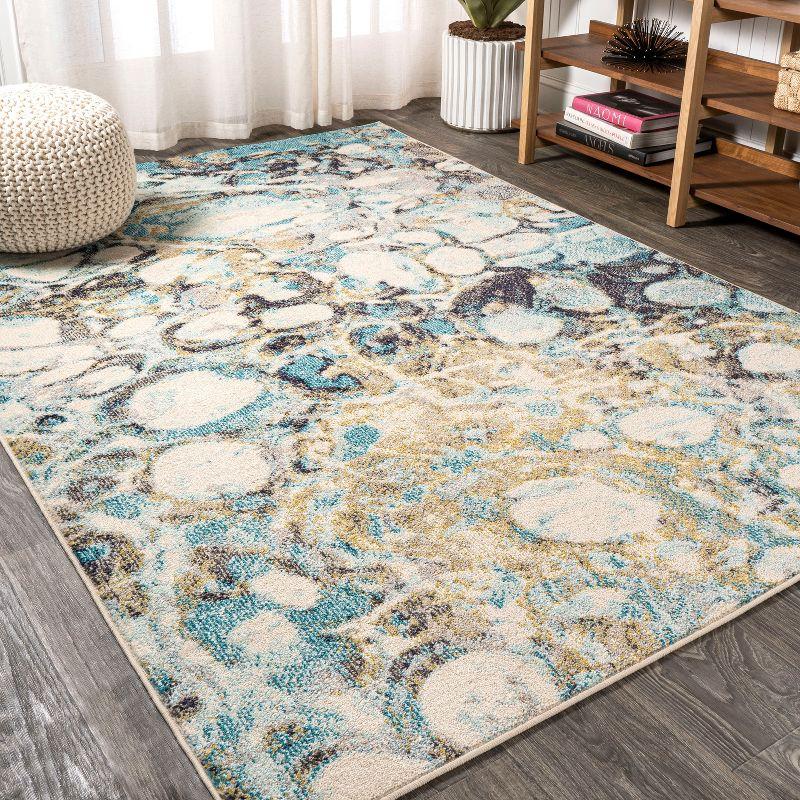 Pebble Blue and Beige Marbled Abstract Runner Rug