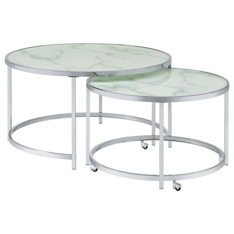 Round Silver Metal Nesting Coffee Table Set with Marble Glass Top