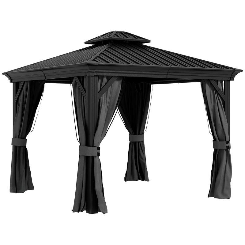 Outsunny 10' x 10' Black Steel Hardtop Gazebo with Netting and Curtains