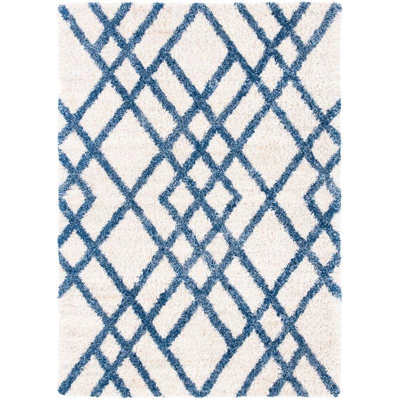 Ivory and Blue Geometric Shag Area Rug, 5'3" x 7'6"