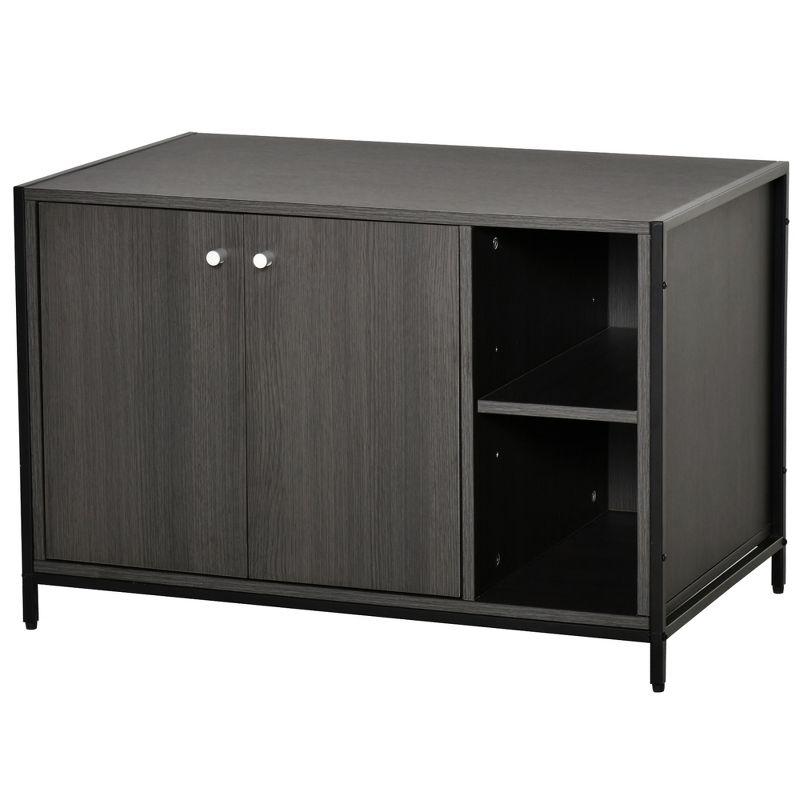 PawHut Large Wooden Cat Litter Box Enclosure, Multipurpose Anti-Tracking Pet Kitten House, Indoor End Table with Magnetic Doors Storage Shelves, Black