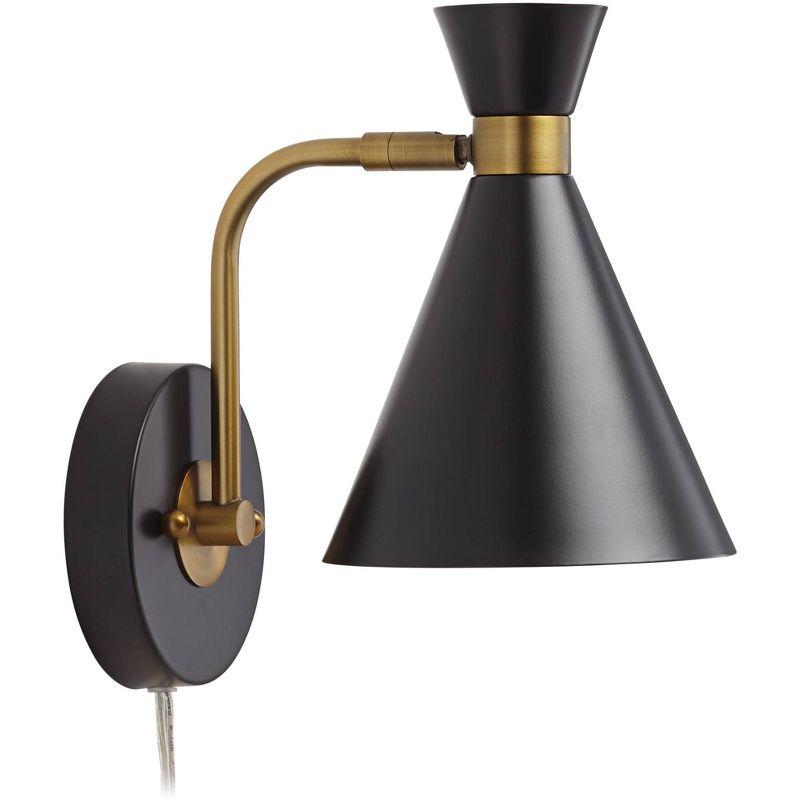 360 Lighting Venice Mid Century Modern Wall Lamp Matte Black Brass Plug-in 6 1/4" Light Fixture Adjustable Metal Cone Shade for Bedroom Living Room