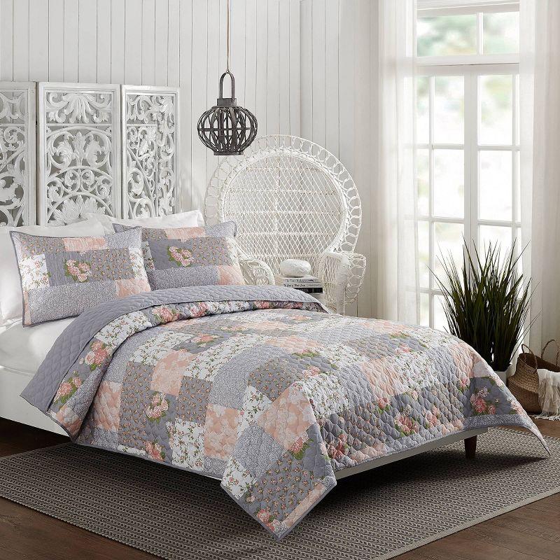 Gray Reversible Twin Microfiber Quilt Set with Floral Design