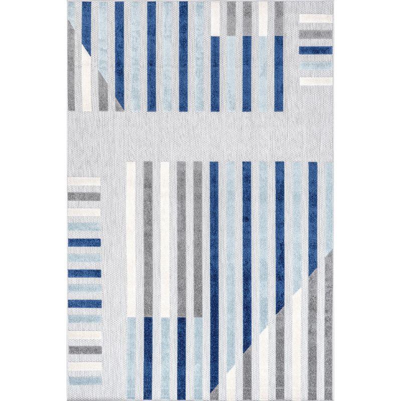 Light Gray and Blue Striped Synthetic Indoor/Outdoor Rug 5x8