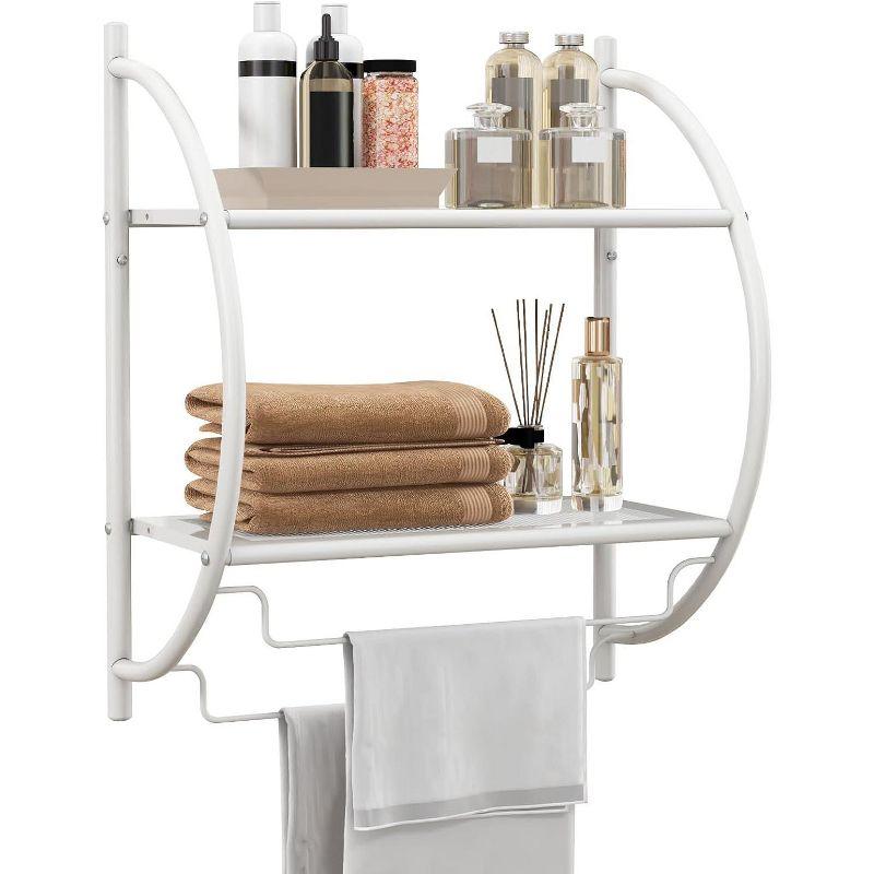 White Metal Wall-Mounted 2-Tier Bathroom Shelf with Towel Bars