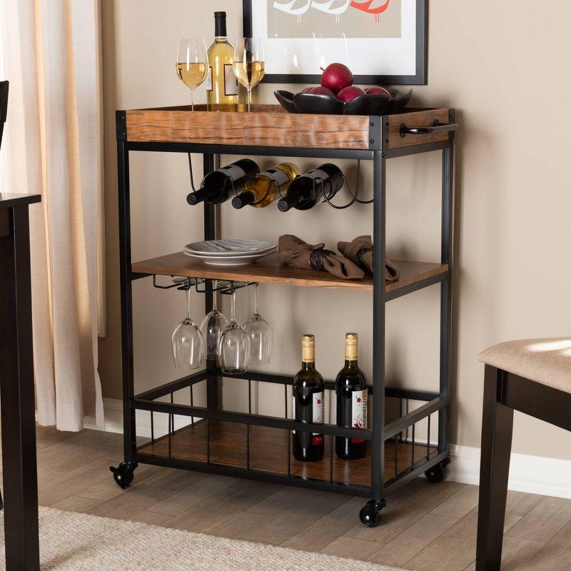 Cerne Oak and Finished Mobile Metal Bar Cart with Wine Bottle Rack Brown - Baxton Studio