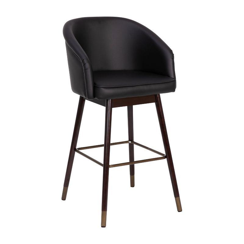 Modern Trendy Black Leather and Walnut Wood Barstool