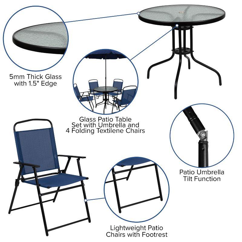 Emma and Oliver 6 Piece Navy Patio Garden Set with Umbrella Table and Set of 4 Folding Chairs