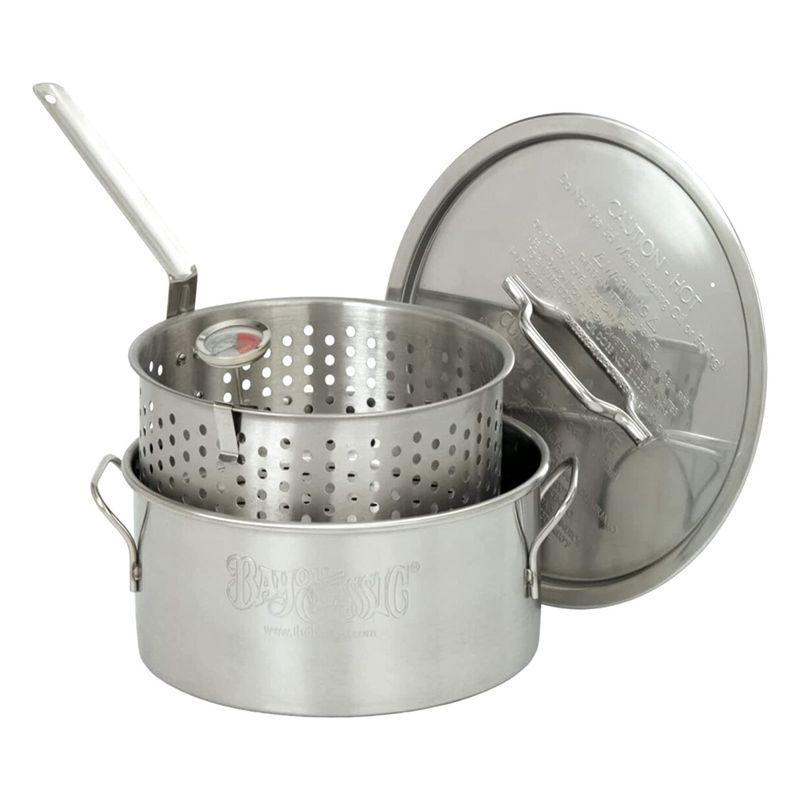 Bayou Classic 10-Quart Stainless Steel Lidded Kitchen Deep Frying Pot with Handles, Fry Perforated Basket, and Thermometer, Silver