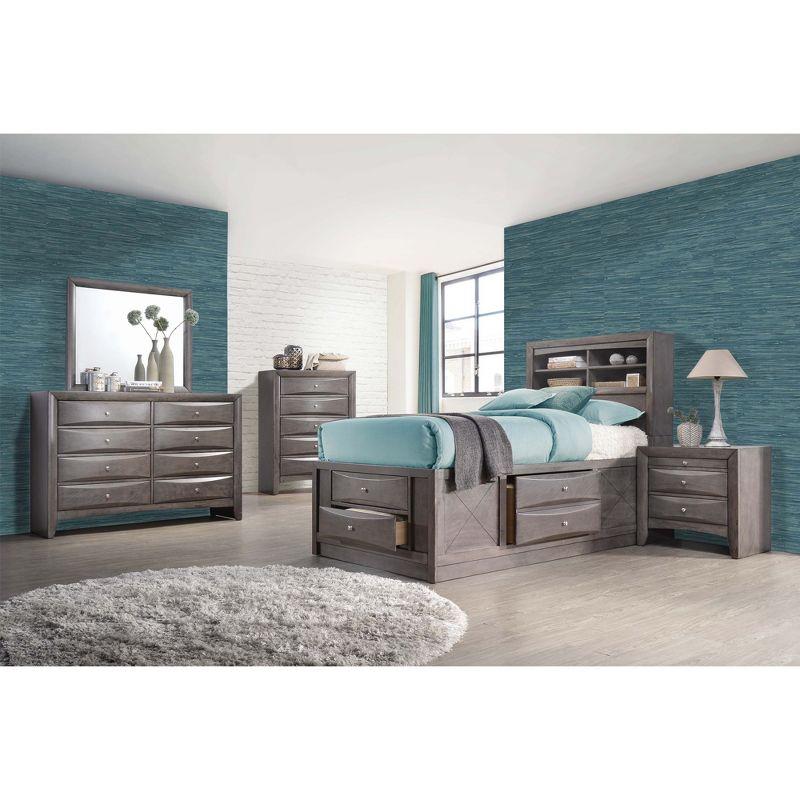 Transitional Twin Gray Upholstered Bookcase Bed with Storage