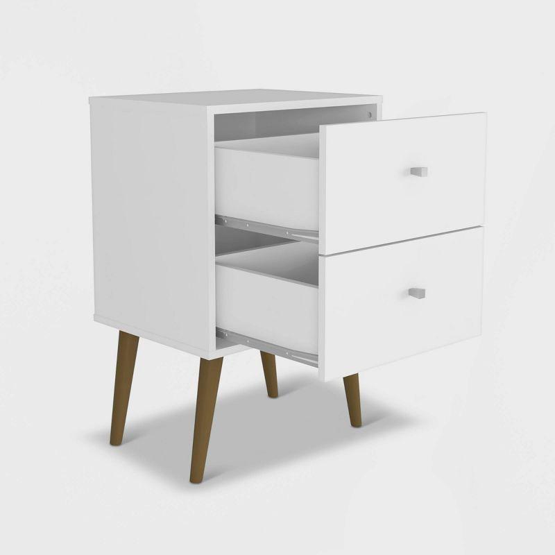 Mid-Century Modern White Gloss Nightstand with Metal Handles and Storage