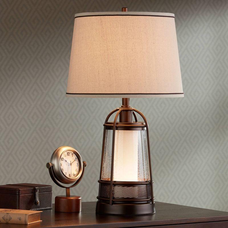 Franklin Iron Works Hugh Industrial Rustic Table Lamp 26" High Bronze Metal Seeded Glass with LED Nightlight Off White Shade for Bedroom Living Room