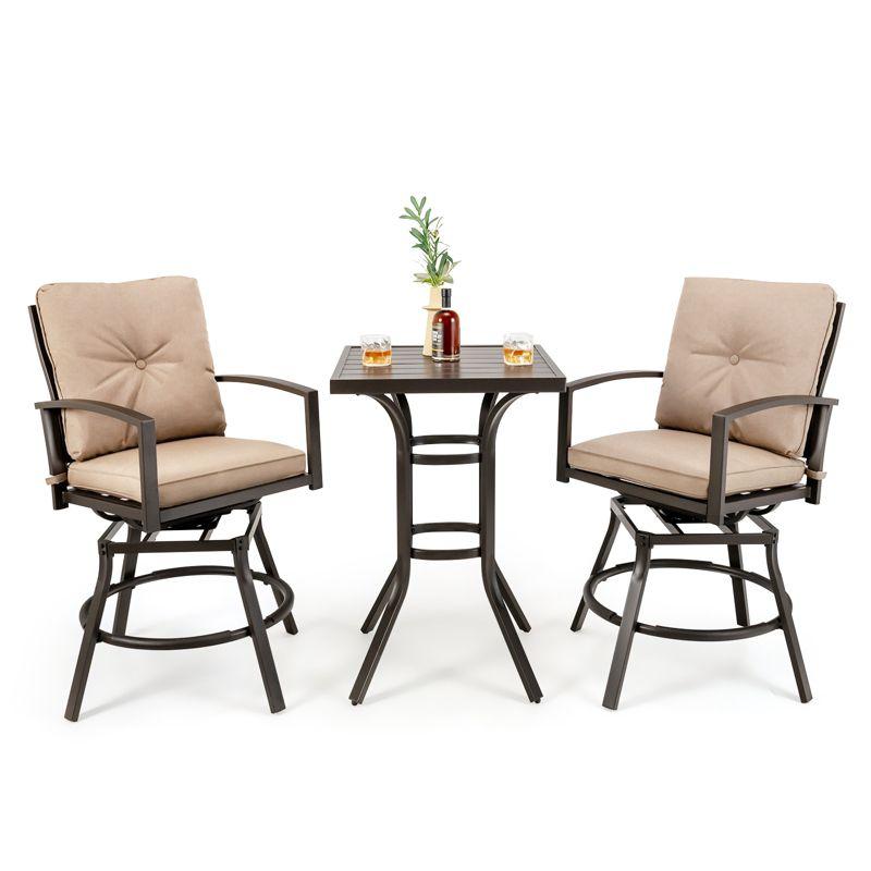 Tangkula Set of 3 Swivel Bar Height Bistro Set Cushioned Table Stools Furniture Patio Outdoor