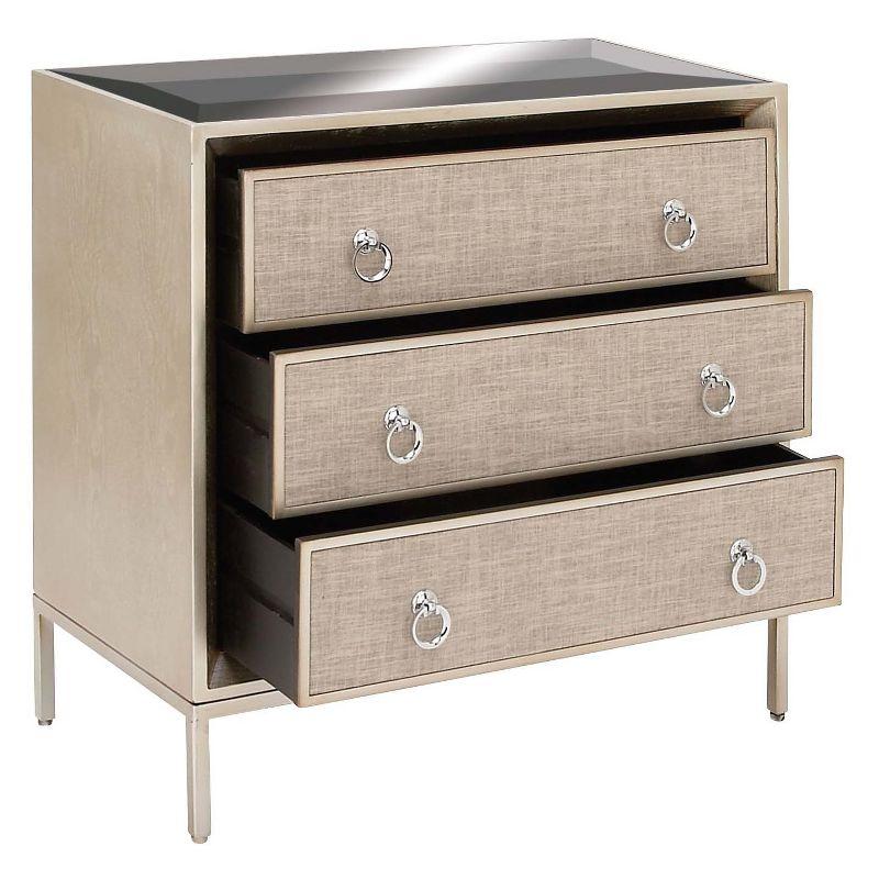 Imboden Wooden Upholstered Front Panel 3 Drawer Room Chest with Mirrored Top and Ring Handles