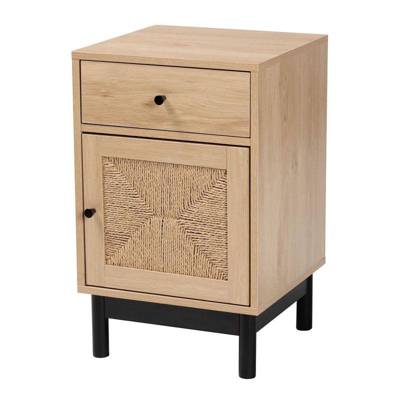 Light Brown Wood Accent Table with Woven Storage