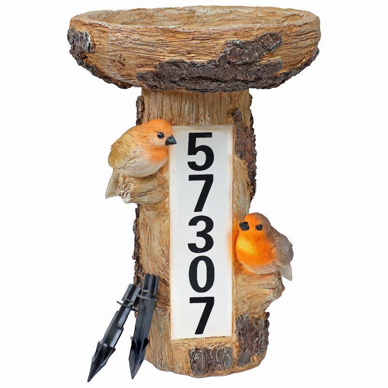 Rustic Brown Polyresin Tree Stump Bird Bath with Solar LED Address Plate