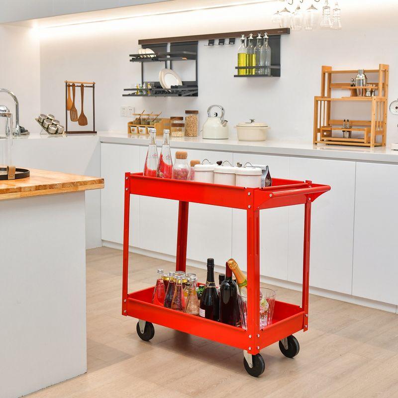 Red Metal 2-Tier Utility Cart with Wheels and Handle