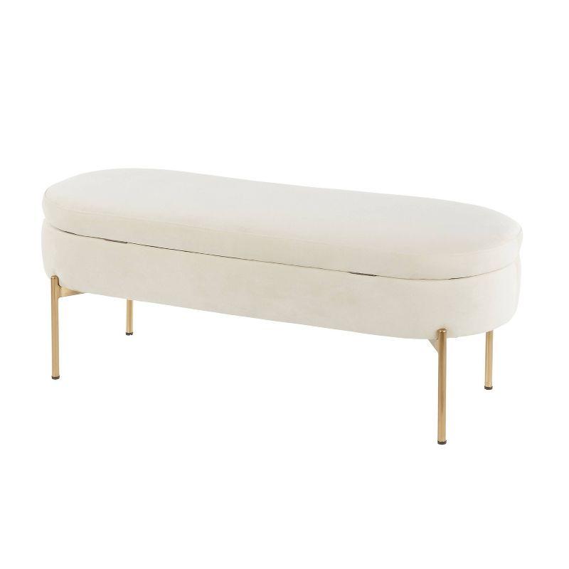 48" Chloe Contemporary Upholstered Storage Bench Gold/Cream - LumiSource: Velvet Seating, Metal Base