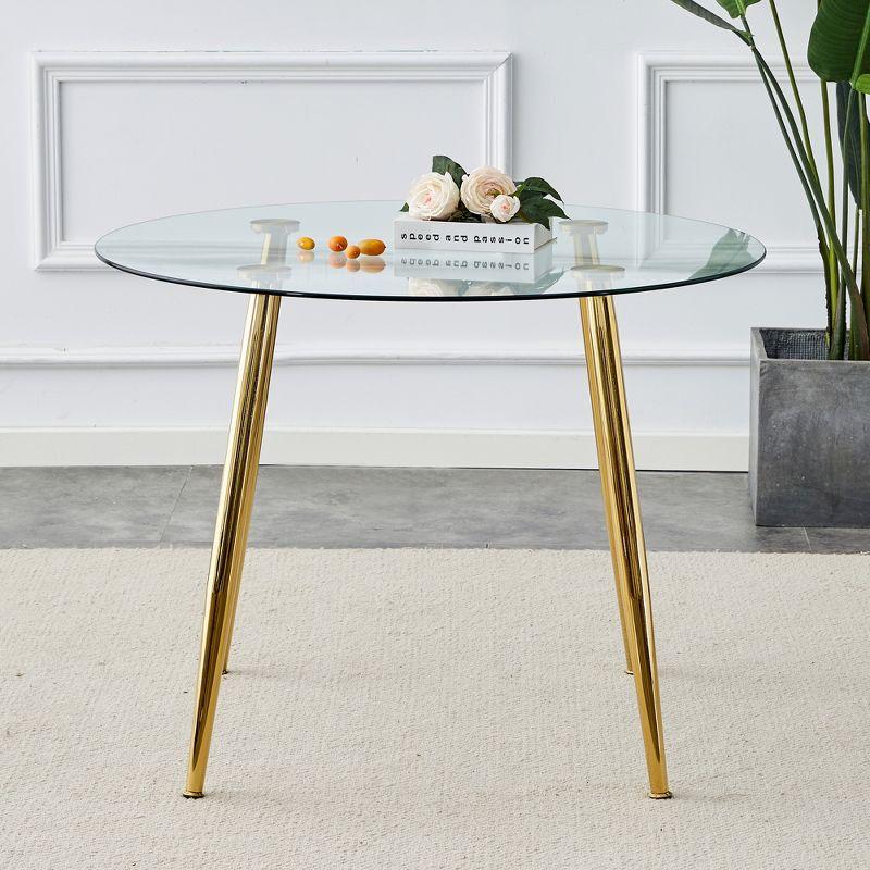 Round Glass Dining Table, 40 Inch Modern Minimalist Dining Table With Gold Plated Metal Legs, Non-Slip Rubber Pads, Golden