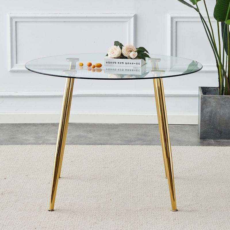 Round Glass Dining Table with Gold Metal Legs, 40 Inch