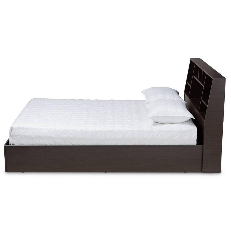 Queen Geoffrey Wood Platform Storage Bed with Shelves Dark Brown - Baxton Studio: Modern Design, No Box Spring Required