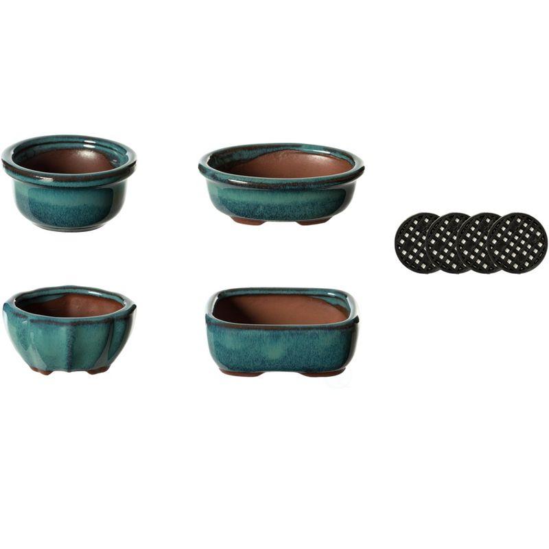 Mini Blue Glazed Ceramic Bonsai Succulent Planters, 4 Pack