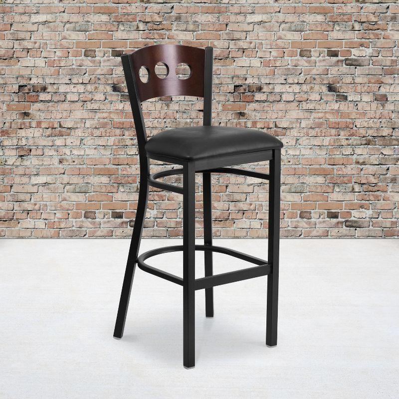 Flash Furniture HERCULES Series Black 3 Circle Back Metal Restaurant Barstool - Walnut Wood Back, Black Vinyl Seat