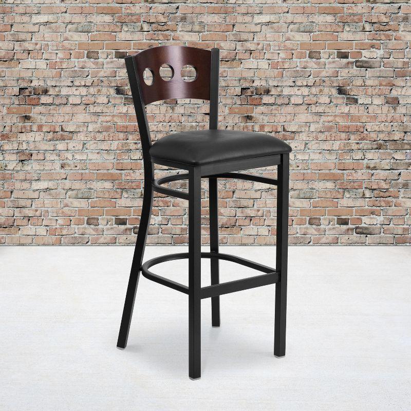 Walnut and Black Metal Barstool with Decorative Back and Vinyl Seat