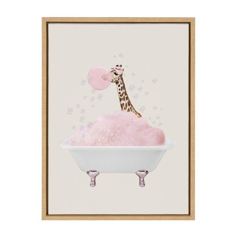 Kate & Laurel All Things Decor 18"x24" Sylvie Giraffe Bath Framed Canvas: Modern Home Nursery Decor, Wall-Mounted Art