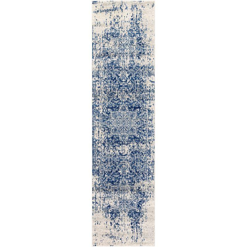 Reversible Blue and White Synthetic Runner Rug, 31"x8"