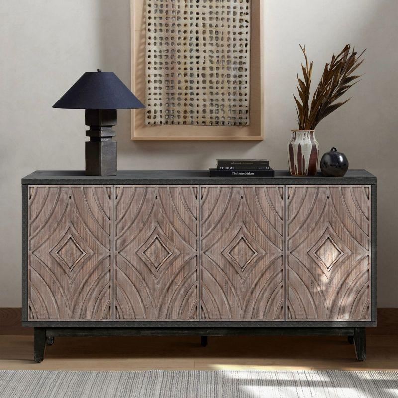 60" Mid Century Sideboard Buffet Kitchen Storage Cabinet, with 4 Convex pattern diamond Doors and 2 Shelves Accent, for Entrance, Hall, Antique Brown