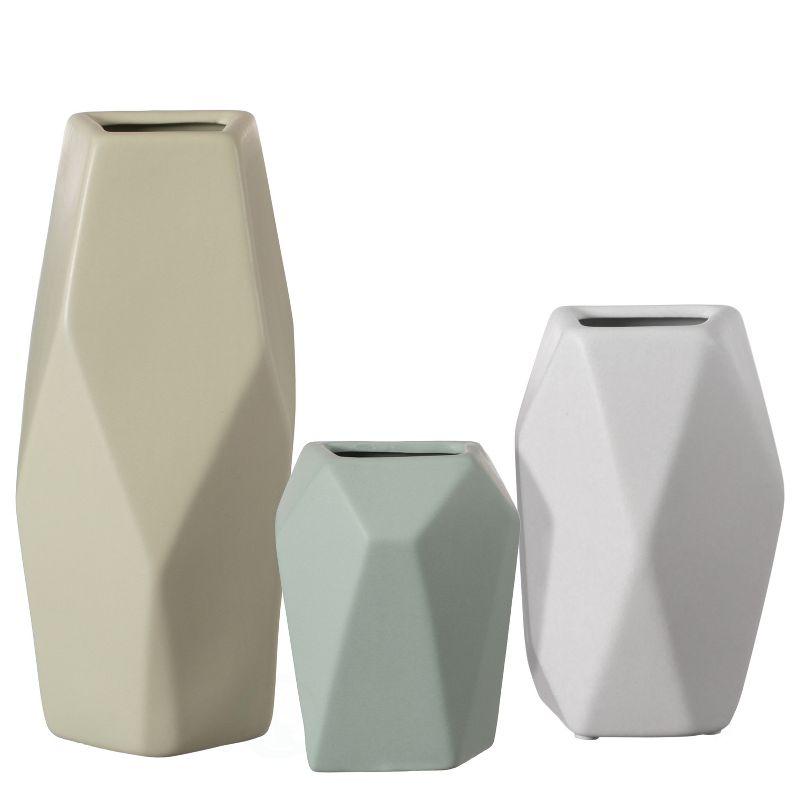 Uniquewise Decorative Ceramic Multi Paned Vase, Modern Style Centerpiece Table Vase Set of 3, Beige Large, White Medium, And Green Small
